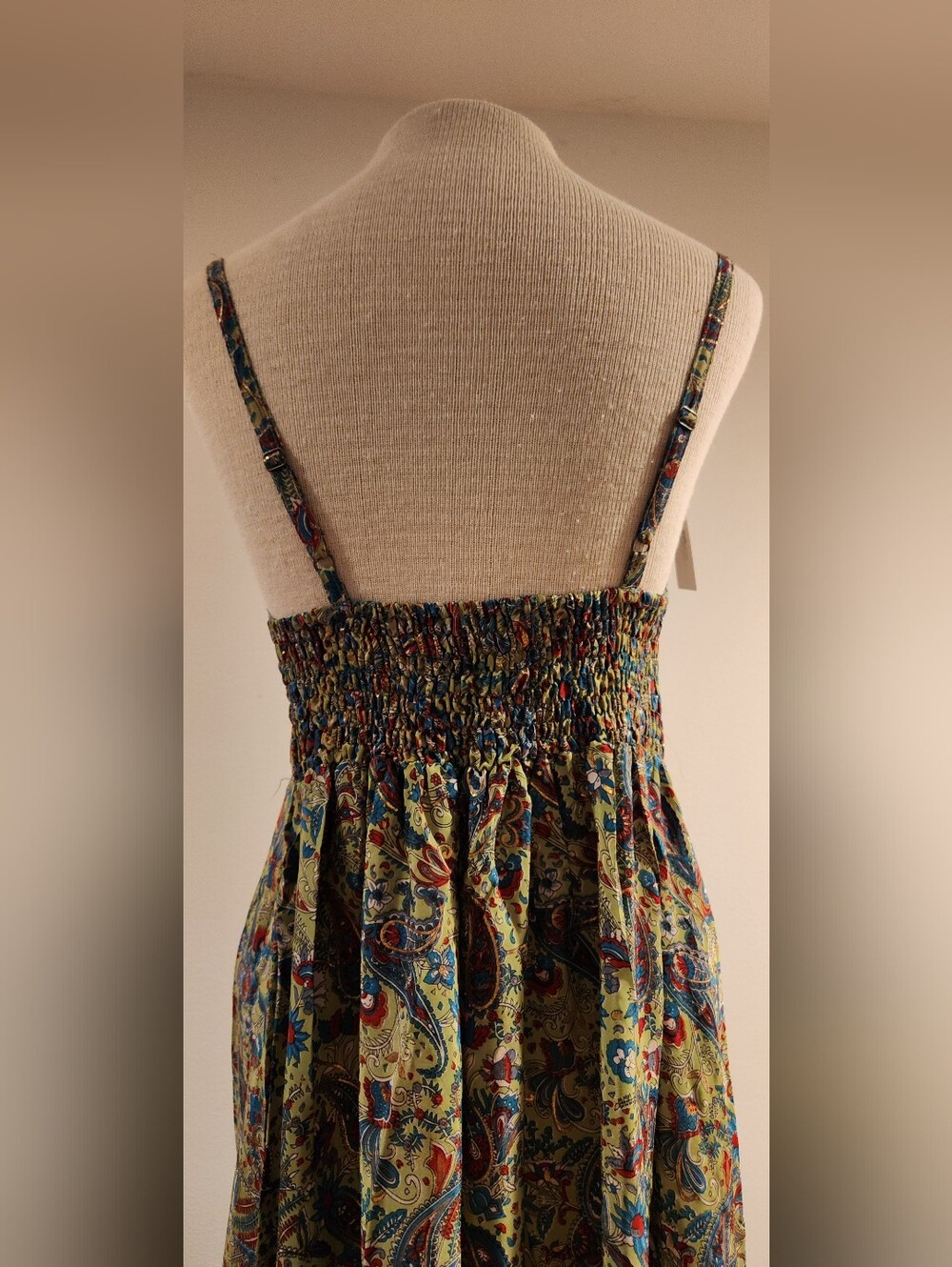 White Waves Green Paisley Tiered Boho Maxi Dress with Red & Blue Accents - Picture 8 of 11